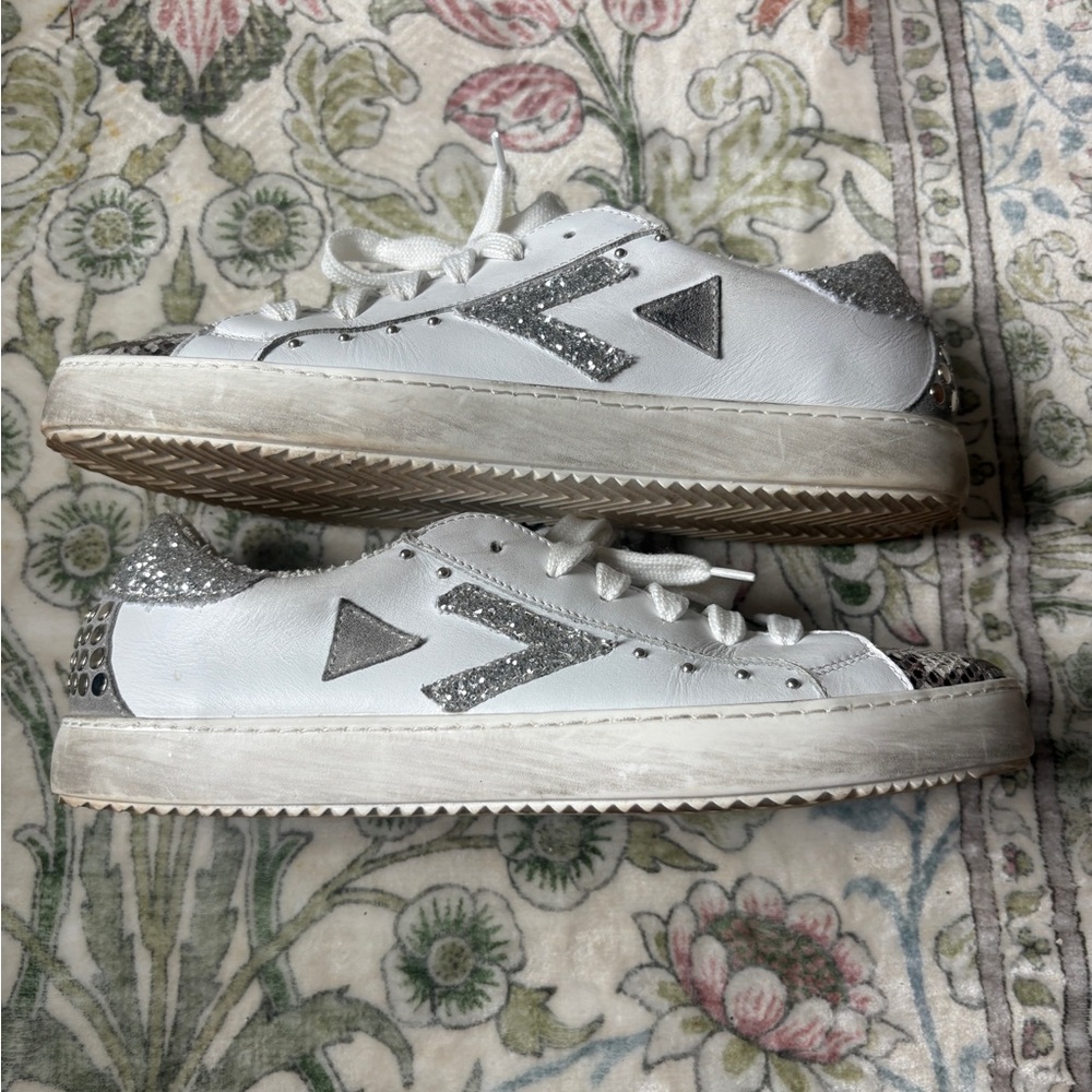 Women's White Athletic Sneakers with Silver Glitter Detail
